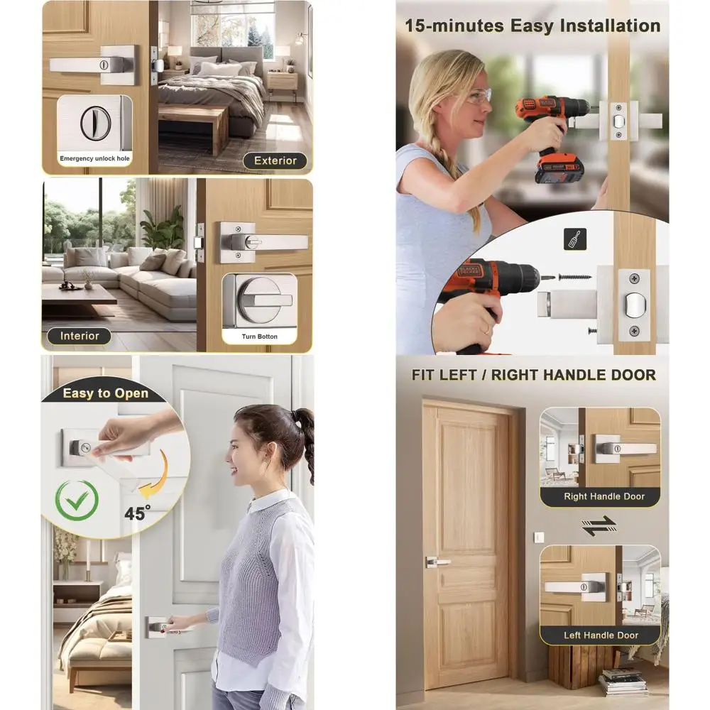 

4-Pack Brushed Nickel Privacy Door Handles, Keyless Knobs for Bedrooms and Bathrooms, Reversible for Left or Right Handed Doors