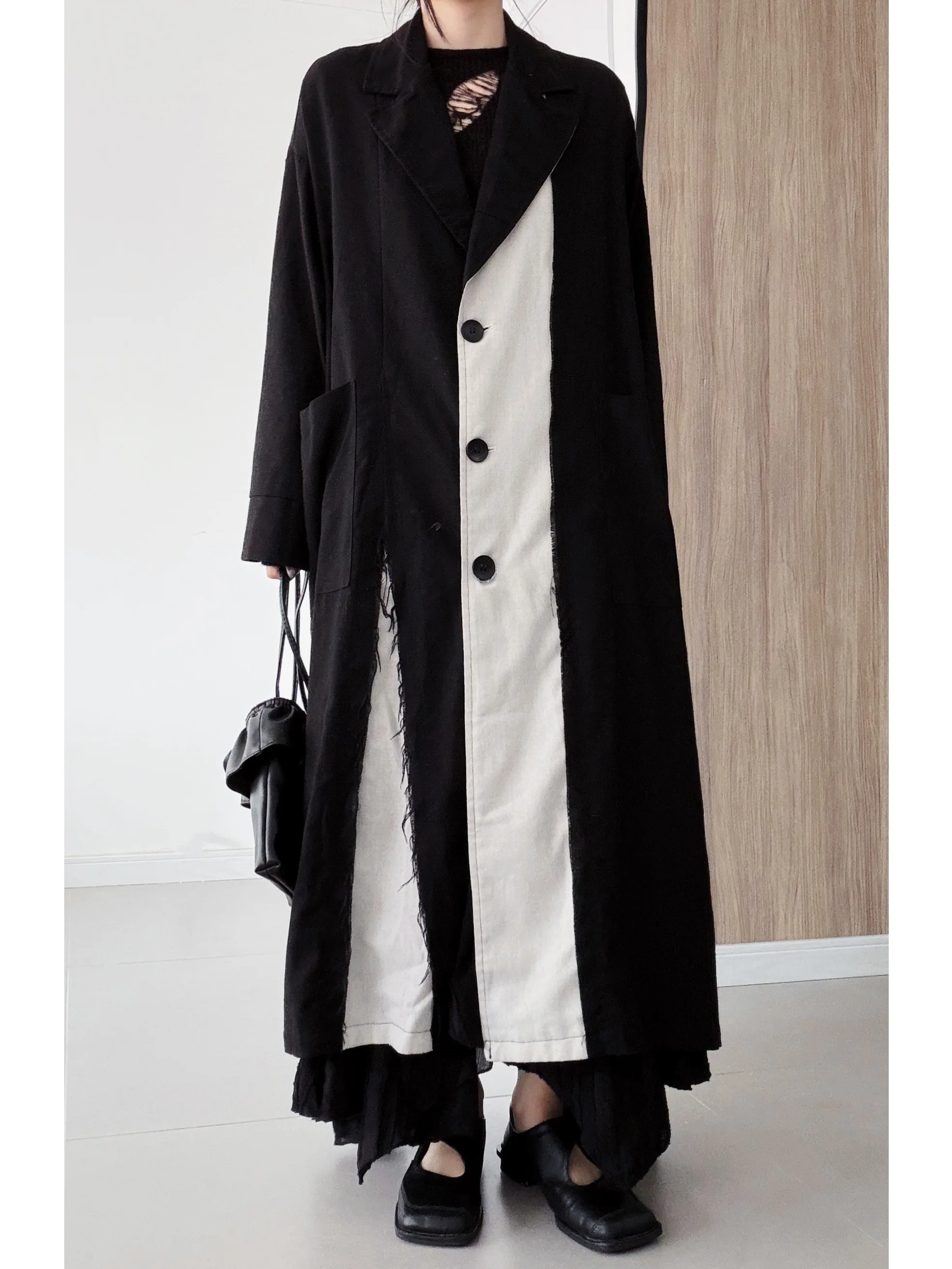 

Dark Color Block Cotton Linen Coat with Fringe Design Spring Season Long Sleeve Loose Fit Women's Fashion Outerwear