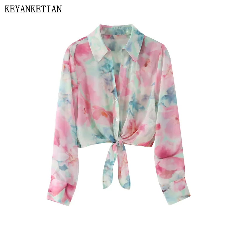 

KEYANKETIAN 2024 New Launch Women's Tie-Dye Printed Long-sleeved Shirt Fashion Slim Hem Knot Trim Button-up Short Chiffon Blouse