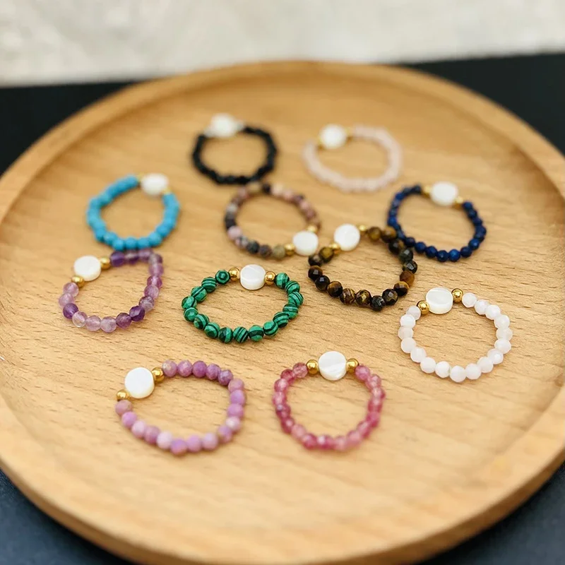 2023 New 3mm Section Natural Stone Beaded Rings For Women Fashion Jewelry With 6mm Shell Fitting Wedding Ring Wholesale