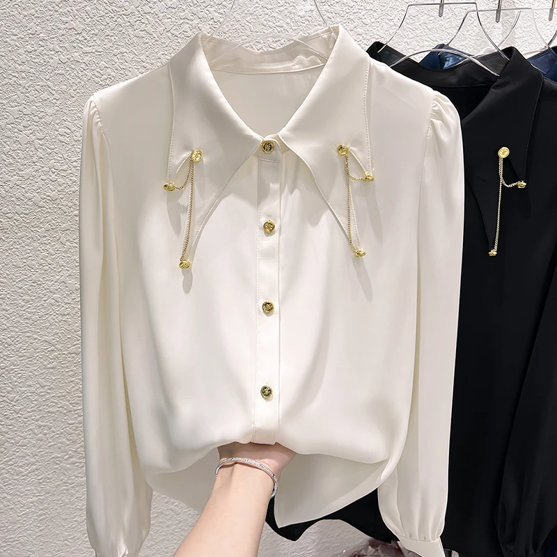 

2022 new French Style Slimming Solid Color Lapel Chain Beads Long Sleeve Chiffon Blouse Women's Autumn Top