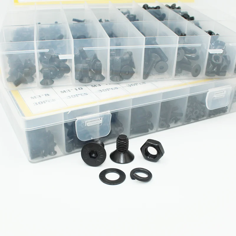 2520/Set schwarze Flachkopf-Innensechskantschrauben, Senkkopfschrauben, Muttern-Set, M2, M2,5, M3, M4, M5, M6, M8, legierter Stahl der Güteklasse 10,9, DIN 7991 – Detail 4