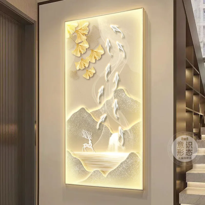 Entering the house, facing the door, hang paintings of light luxury and high sense, corridor and aisle murals