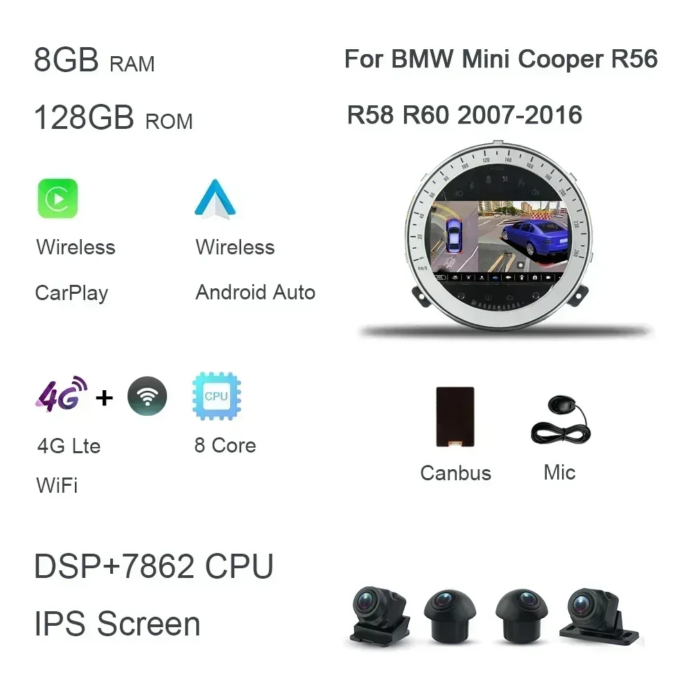 Kabelloses Carplay DSP 8GB 128GB 7' Android 14.0 Autoradio Multimedia-Player für BMW Mini Cooper R55 R56 R57 R58 R60 2007-2013