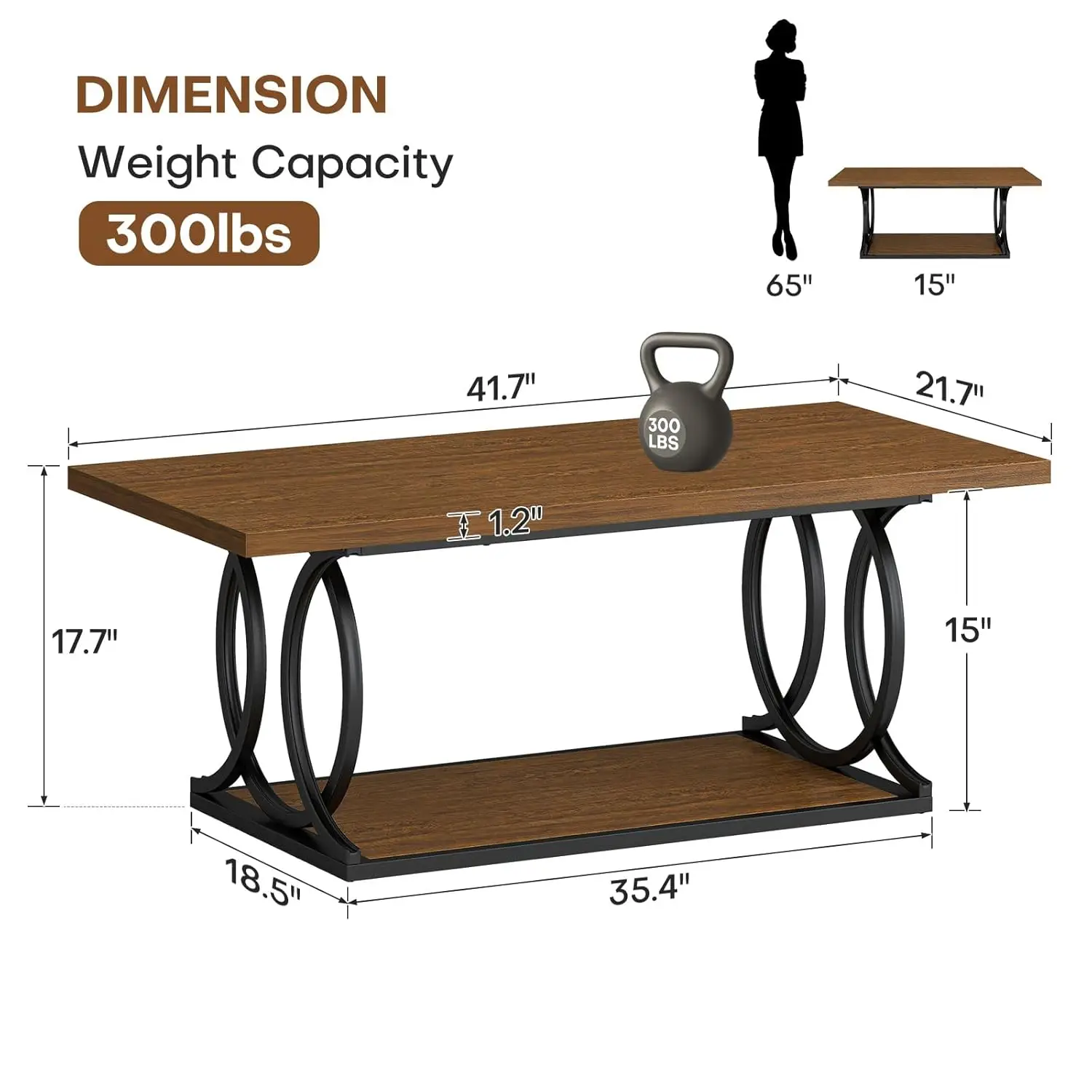 #Industrial Coffee Table 41.7'' Rectangular Wood Top Metal Arc Legs 2-Tier Storage Shelf Living Room Home Office, Customized