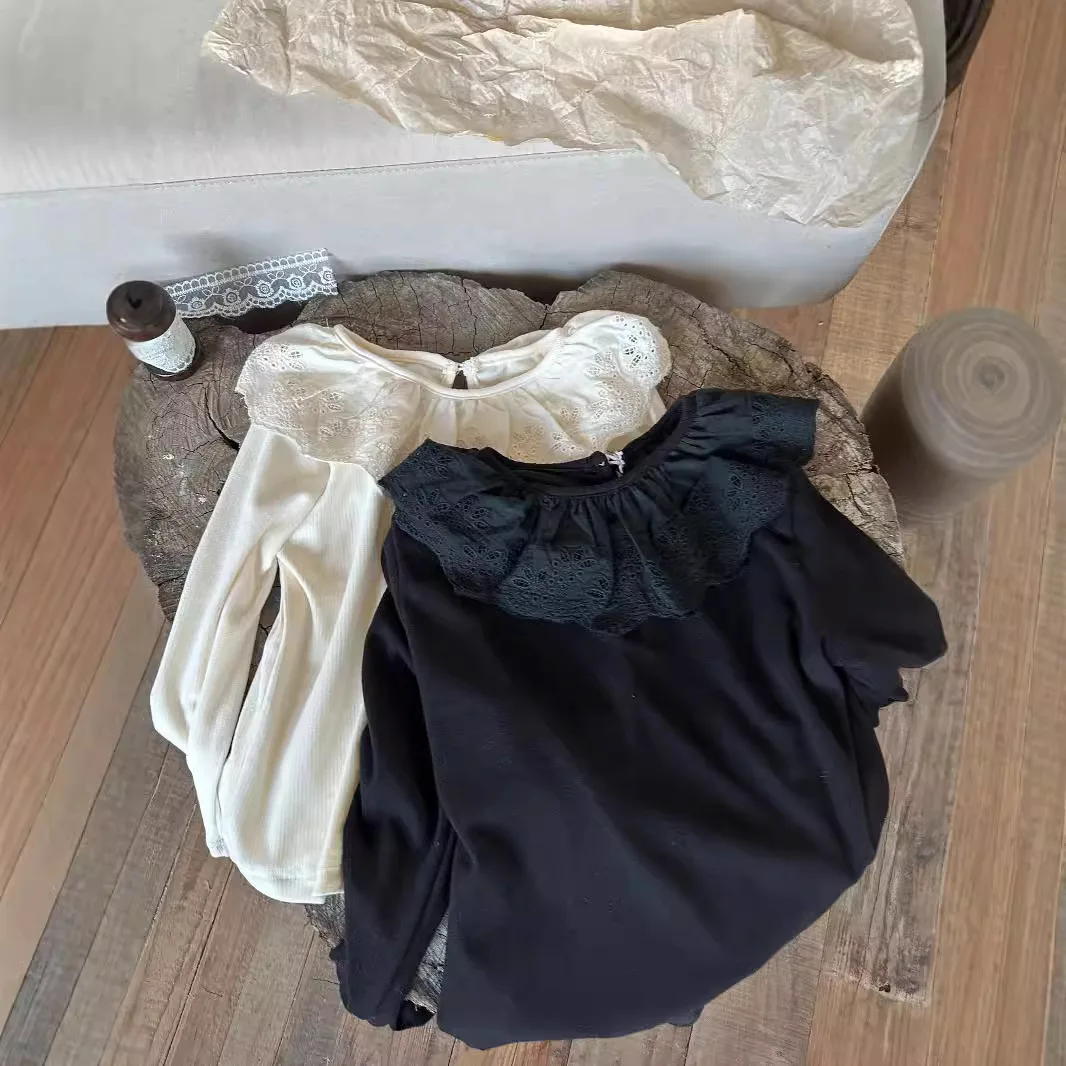 

Girls Bottoming Shirt New Autumn Lace Large Lapel Girls Solid Color Long-sleeved Children's Doll Shirt Casual