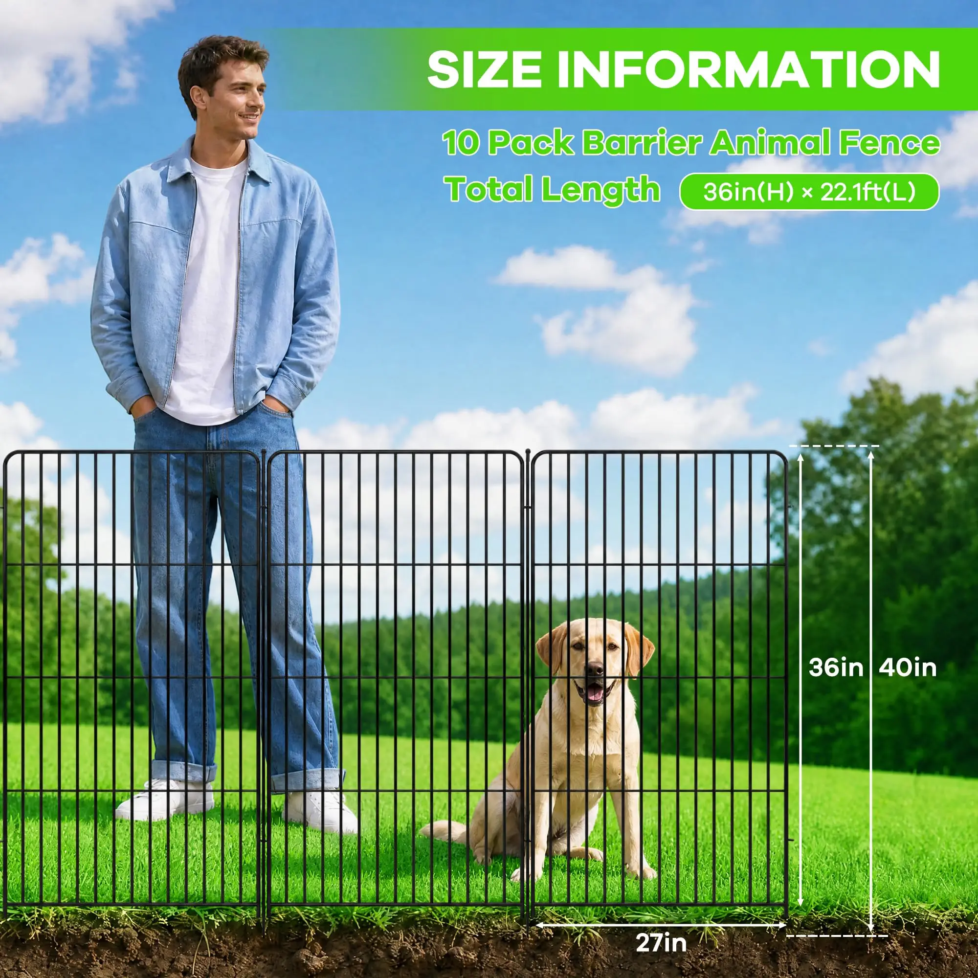 Garden Fence, 36in(H) x 22.1ft(L) 10 Pack Garden Fencing Animal Barrier, Metal No Dig Fence, Dog Fence Outdoor for Yard, Dog Playpen Outdoor Decorative Garden Fences for Yard Patio, Black