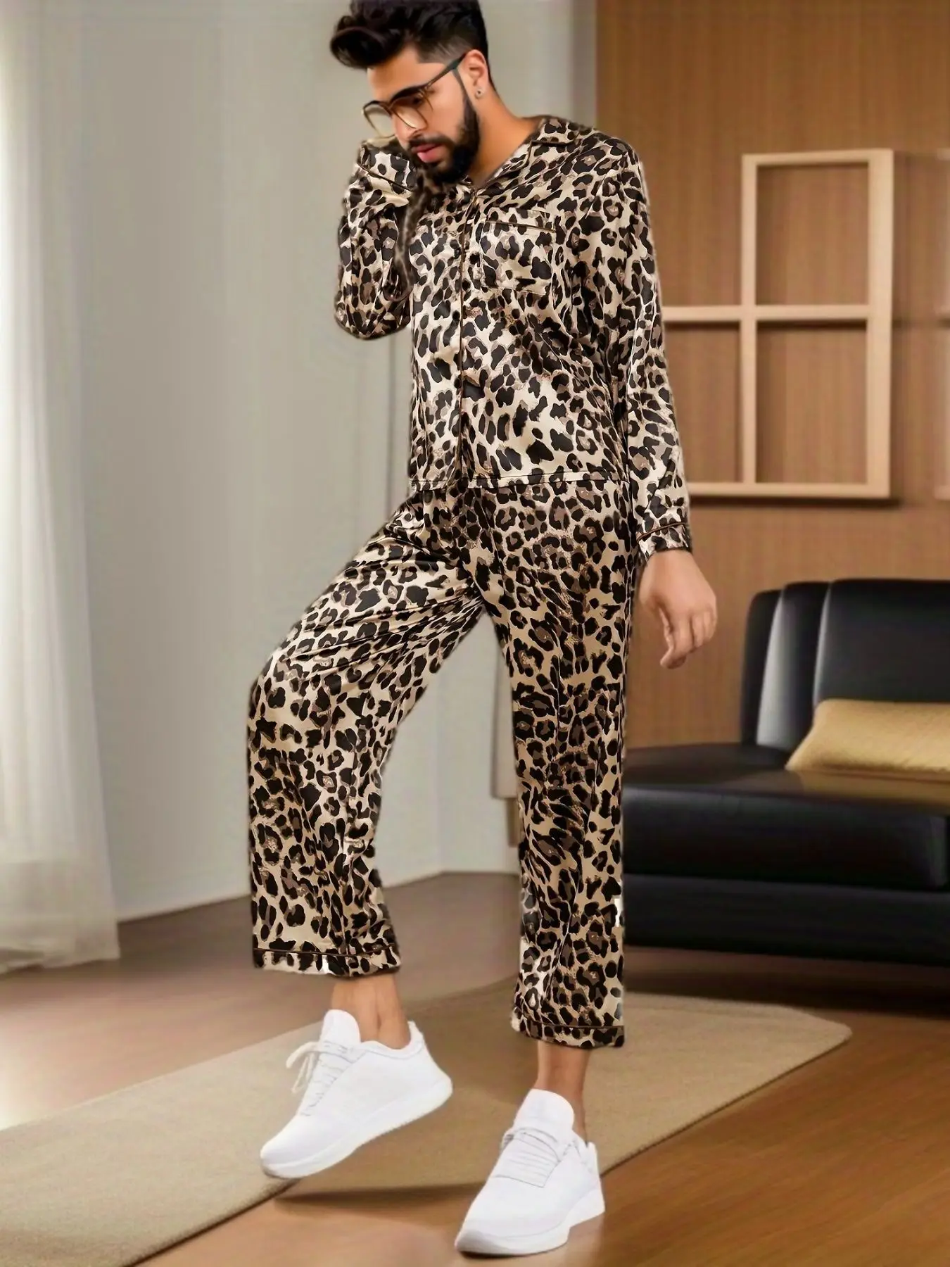 Autumn Winter Luxury zebra Printed Home Clothes Men's Long Sleeve Trousers Satin Pajamas Set 2PCS Home Clothes