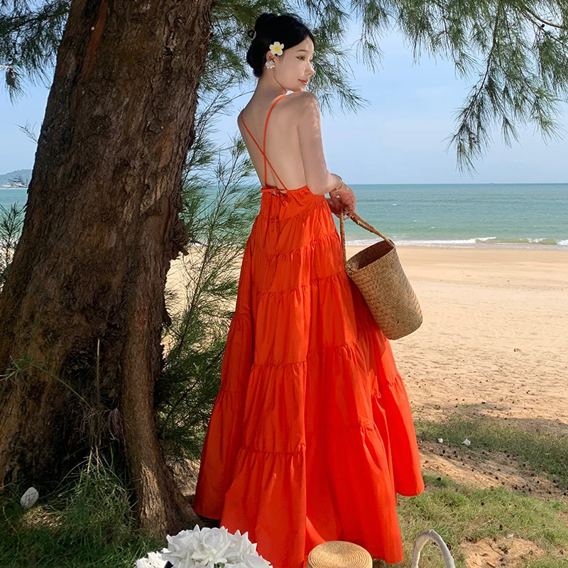 Sanya Travel Photography Backless V-neck Seaside Holiday Sle Beach Skirt Immortal Dress Women Summer Sexy Long dress