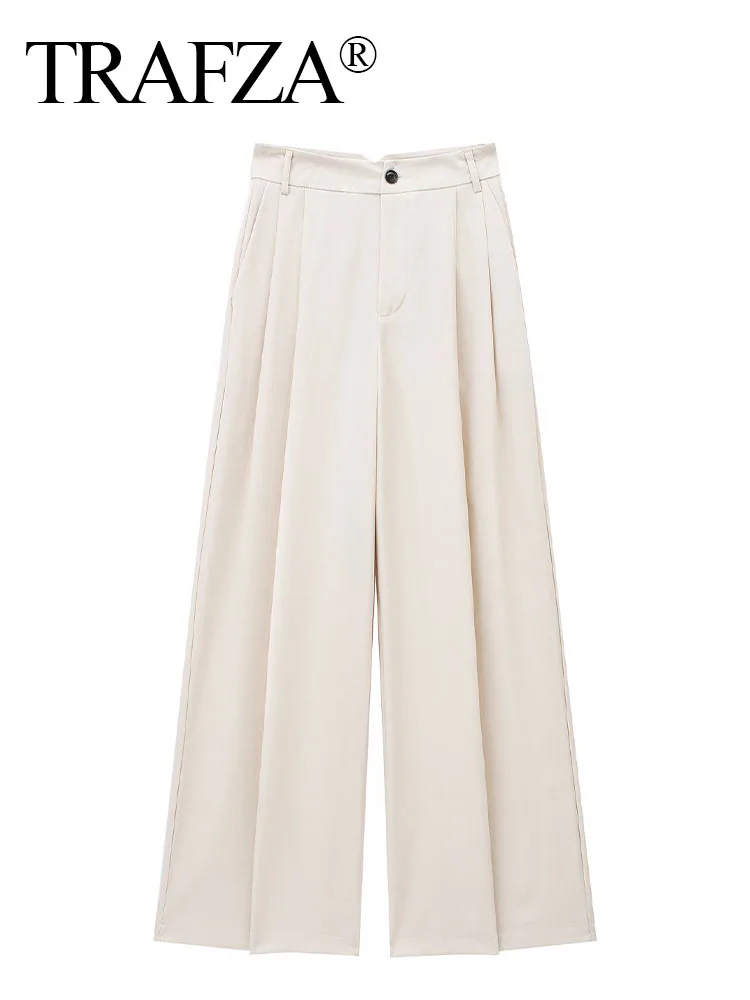 TRAFZA 2024 Women Summer Holiday Pleated High Waist Zipper Pants Female Chic Fashion Ankle-Length Floor-Length Trousers 4 Color