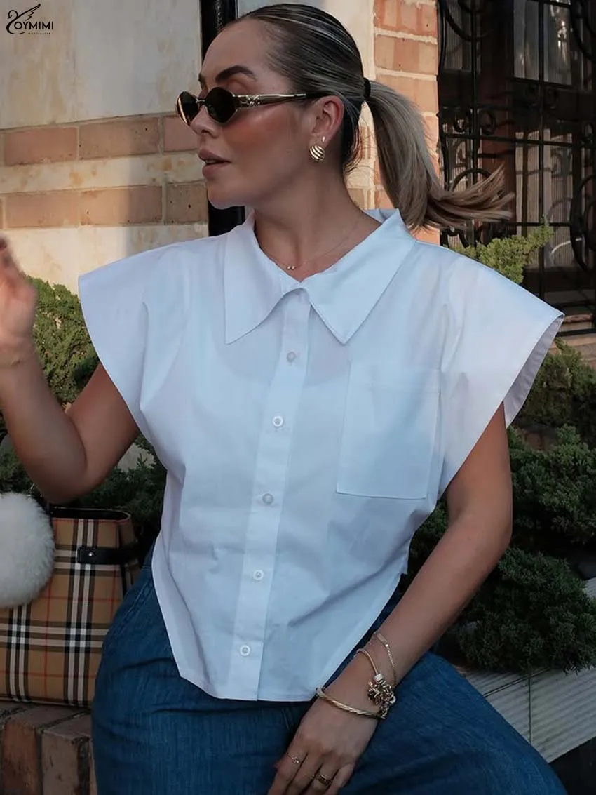 

Oymimi Elegant White Cotton Women's Blouse Fashion Turn-Down Collar Sleeveless Blosues Autumn Pockets Single Breasted Shirts
