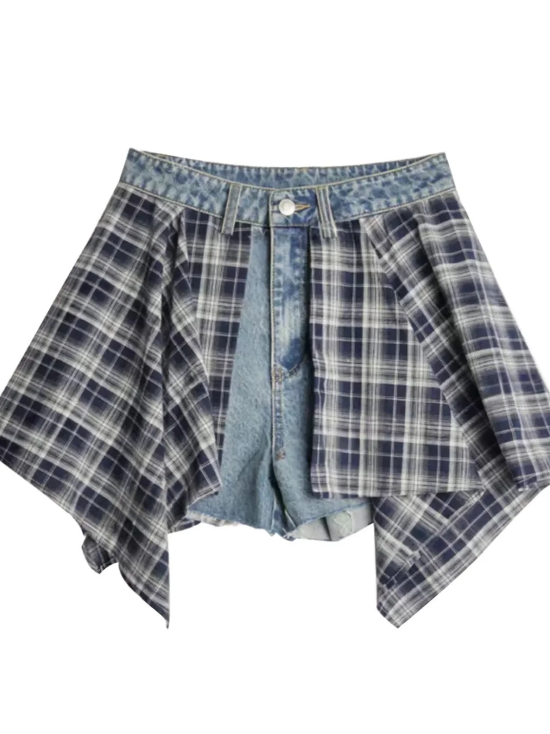 

Summer New Fashion Patchwork Casual High Waist Denim Shorts Women Loose Fit Classic Plaid Print Breathable Comfortable Hot Pants