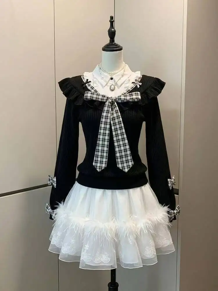 Sweet Lolita Coquette 2 Piece Set Women Contrast Collar Plaid Bow Ruffled Sleeve Lace Feather Hem Slim Fit Mini Skirt Casual