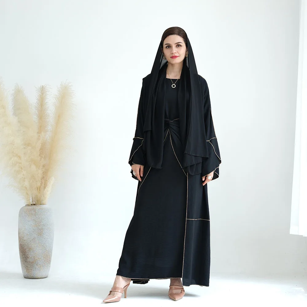 

3PCS Pure Color Muslim Clothing Black Trimmed Robe Long Sleeve Inner Dress With Apron Women Set Abaya Islam Banquet Party Kaftan