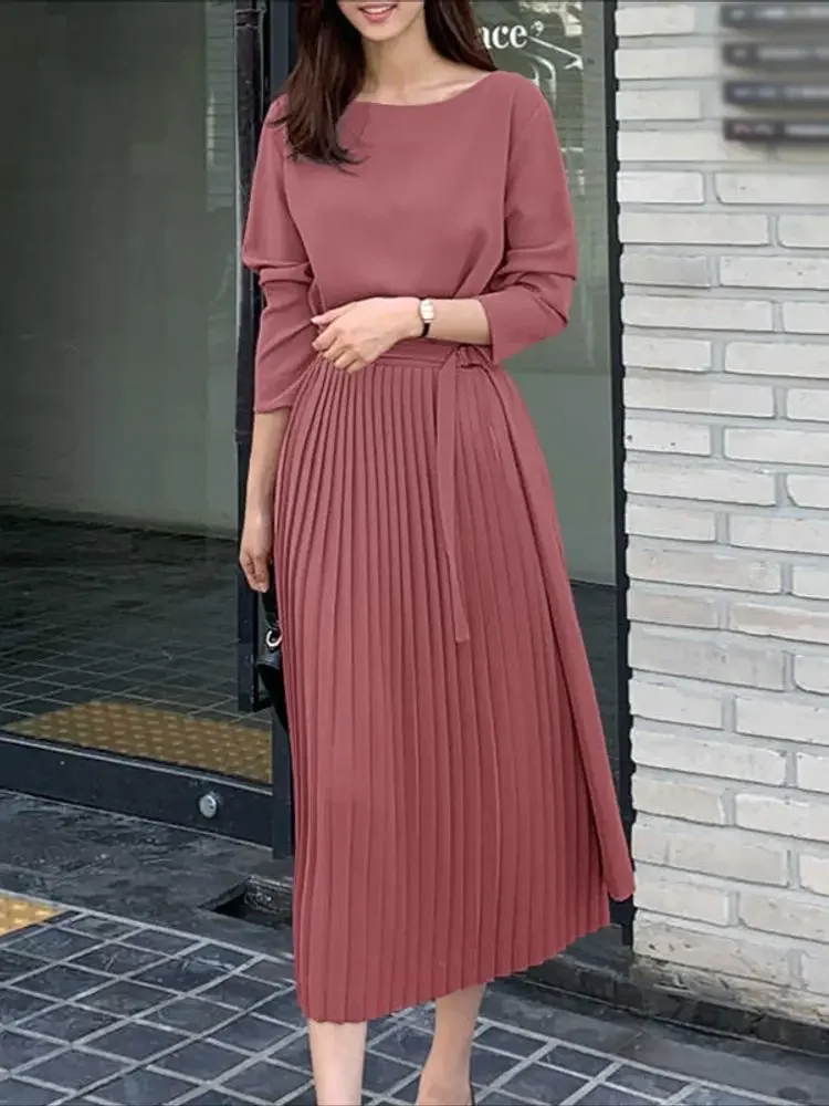 

2025 ZANZEA Elegant Long Shirt Dresses Women Autumn Long Sleeve Vestidos Fashion Pleated Casual Solid Loose Sashes Party Robe