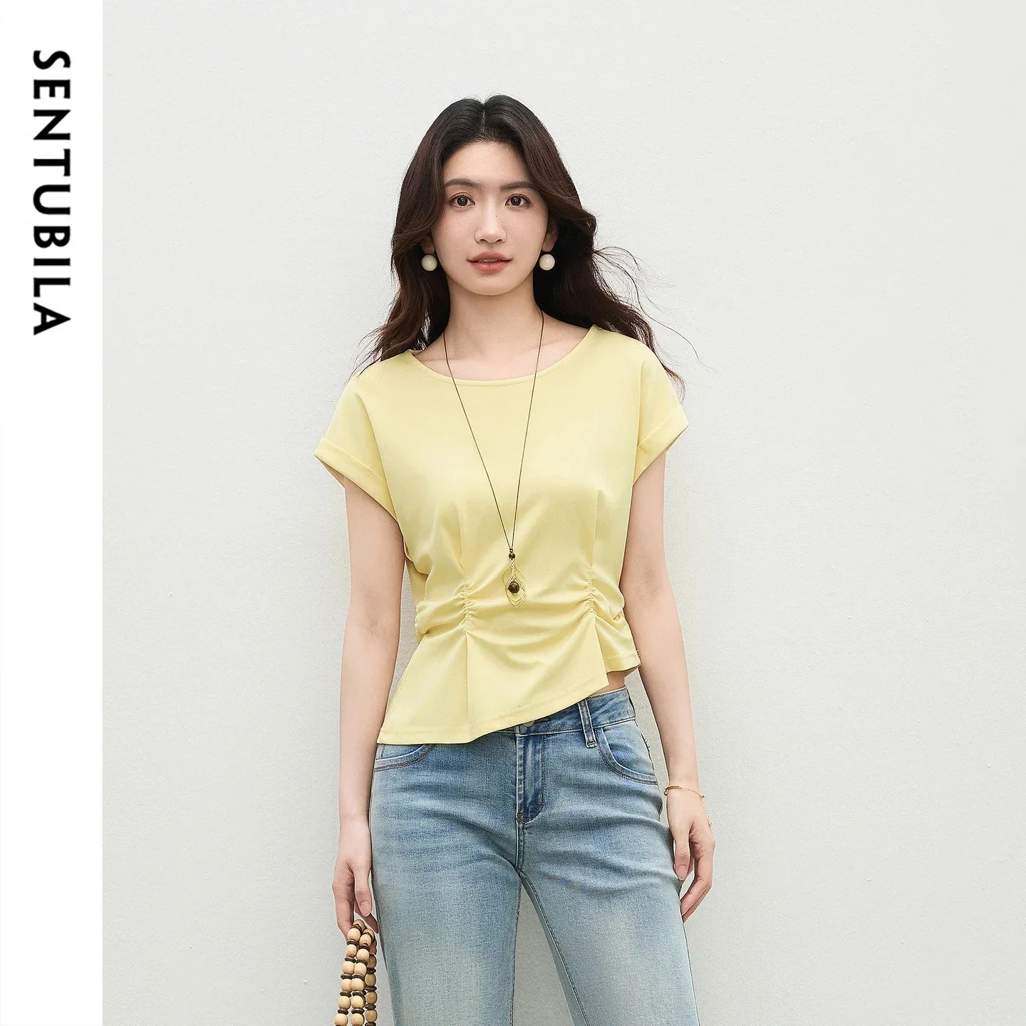 SENTUBILA Women Yellow T-shirt Simple Commuter Cotton 2026 Summer Tops Lady Capped Raglan Sleeve Pleated Slim Fit Tee W62TA7400