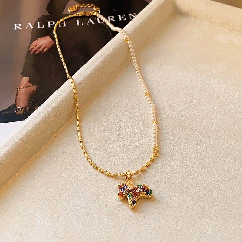 Bunte Zirkon-Pony-Anhänger-Halskette für Damen, Perlen-Metall-Spleißkette, leichter Luxus-Schmuckset, trendiges Schlüsselbein-Accessoire – Detail 11