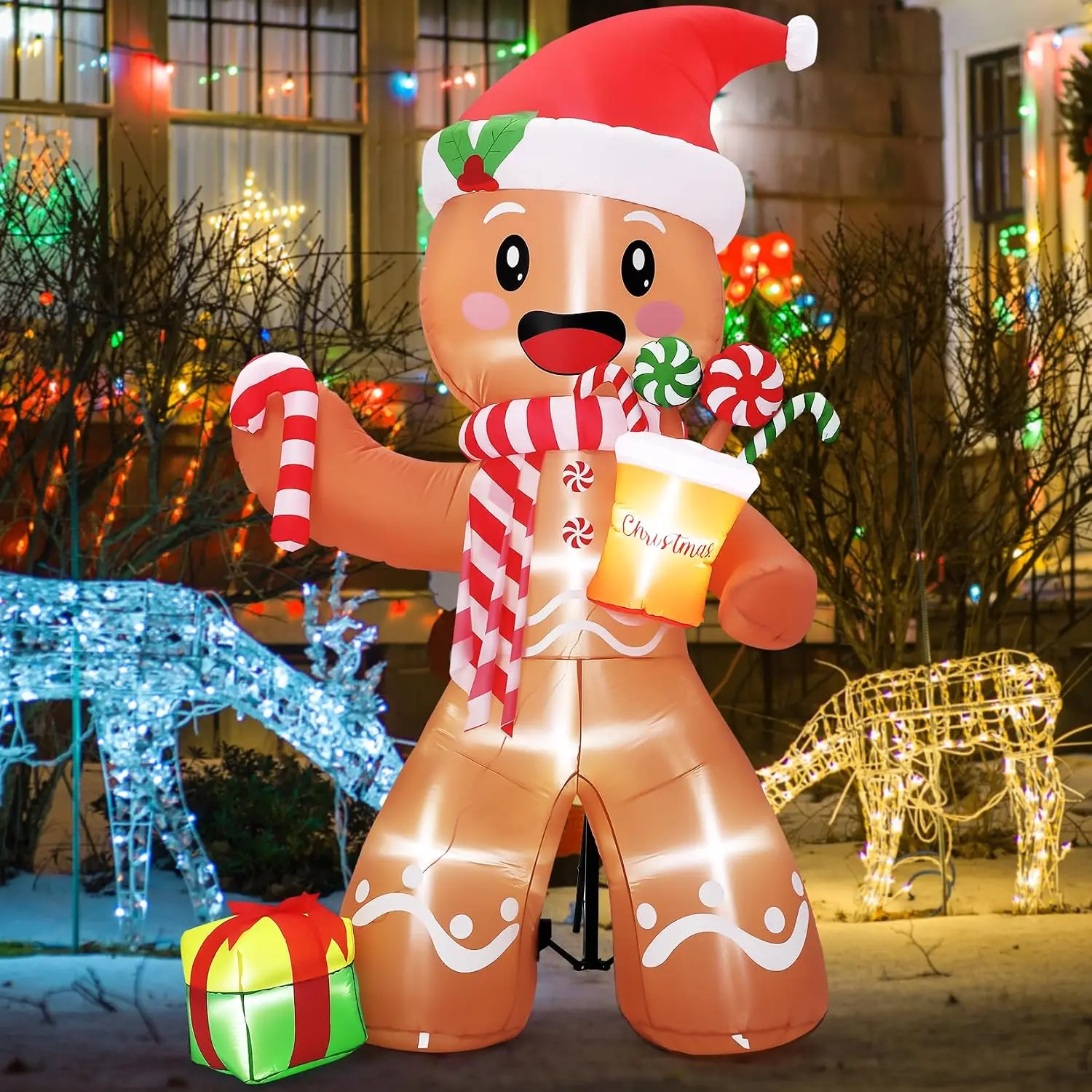 TWISTER.CK 8FT Gingerbread Man Christmas Inflatable with Built-in LEDs & Candy Cane Gift Boxes – Outdoor Yard Decoration for Garden, Indoor, Holiday Party