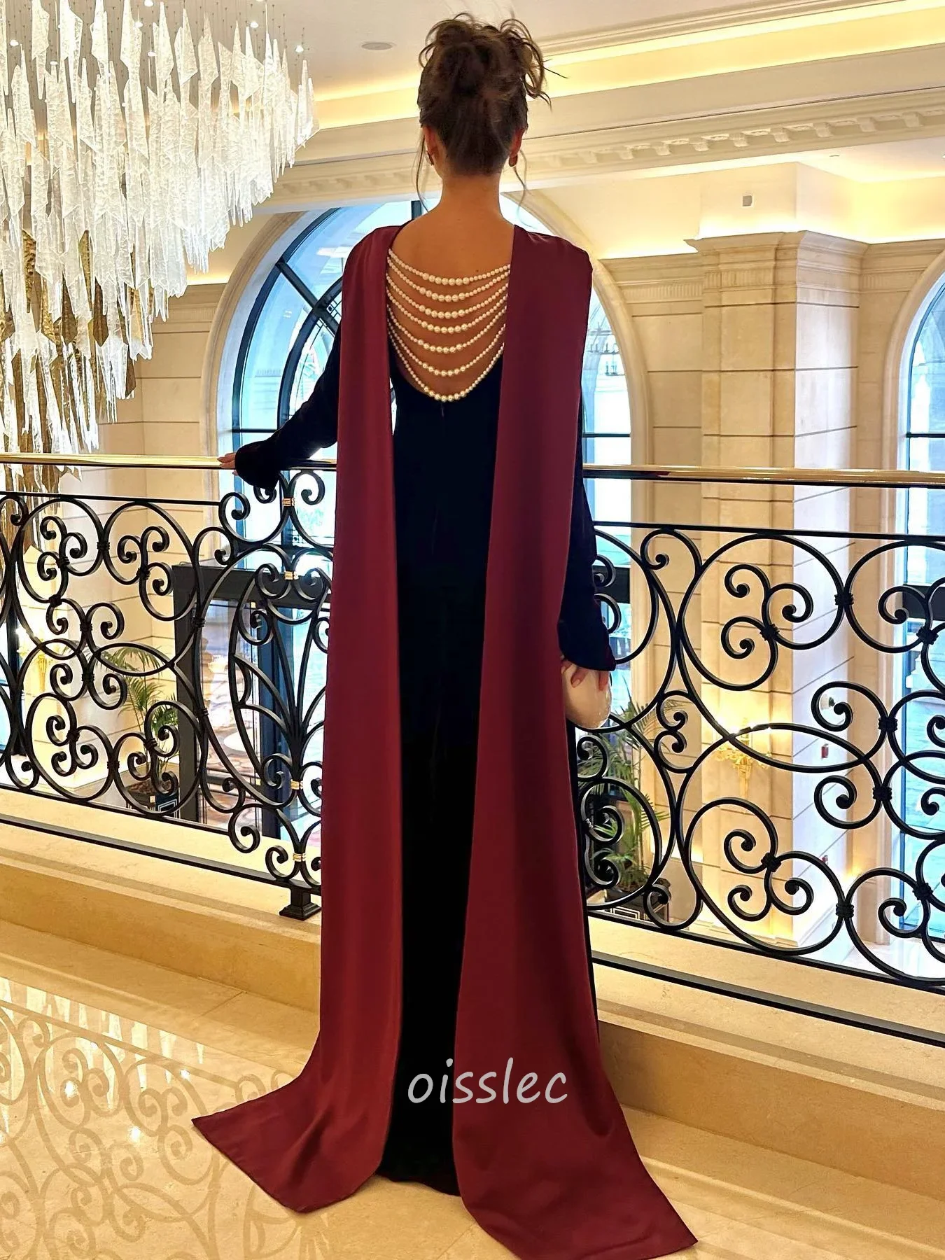 Oisslec Burgunderrotes Samt-Abschlussballkleid, rückenfrei, Perlen, Cocktailparty, Meerjungfrau, elegantes Kleid für besondere Anlässe, Maxikleid,