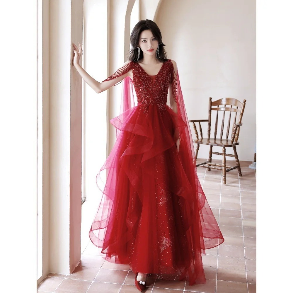 

Red Evening Gown Women High-Defn V-Ne Lace Autumn Host Wedding Dr Bride Advanced Sense Main Wedding Dr