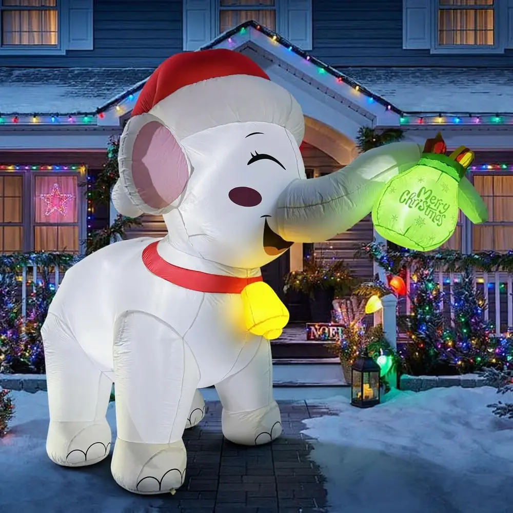 11-Foot White Elephant Christmas Inflatable with Gift Box, LED Lights, Outdoor Holiday Decor for Party Yard Lawn