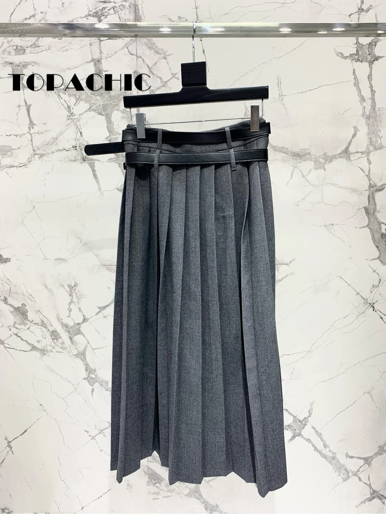 8.6 TOPACHIC Women Temperament All-matches Double Buckle Sashes Design Long Pleated Skirt Solid Casual Party Short Skirt