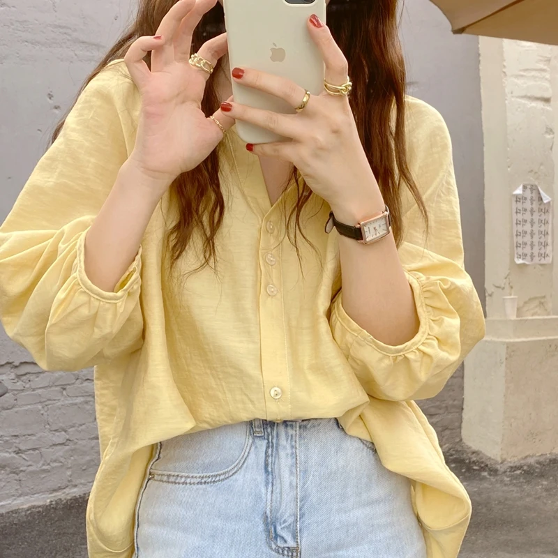 

Summer Orange Bellflower Lantern Sve Ultra Fairy V-ne Women's Loose Versatile Faionable irt Ele Top