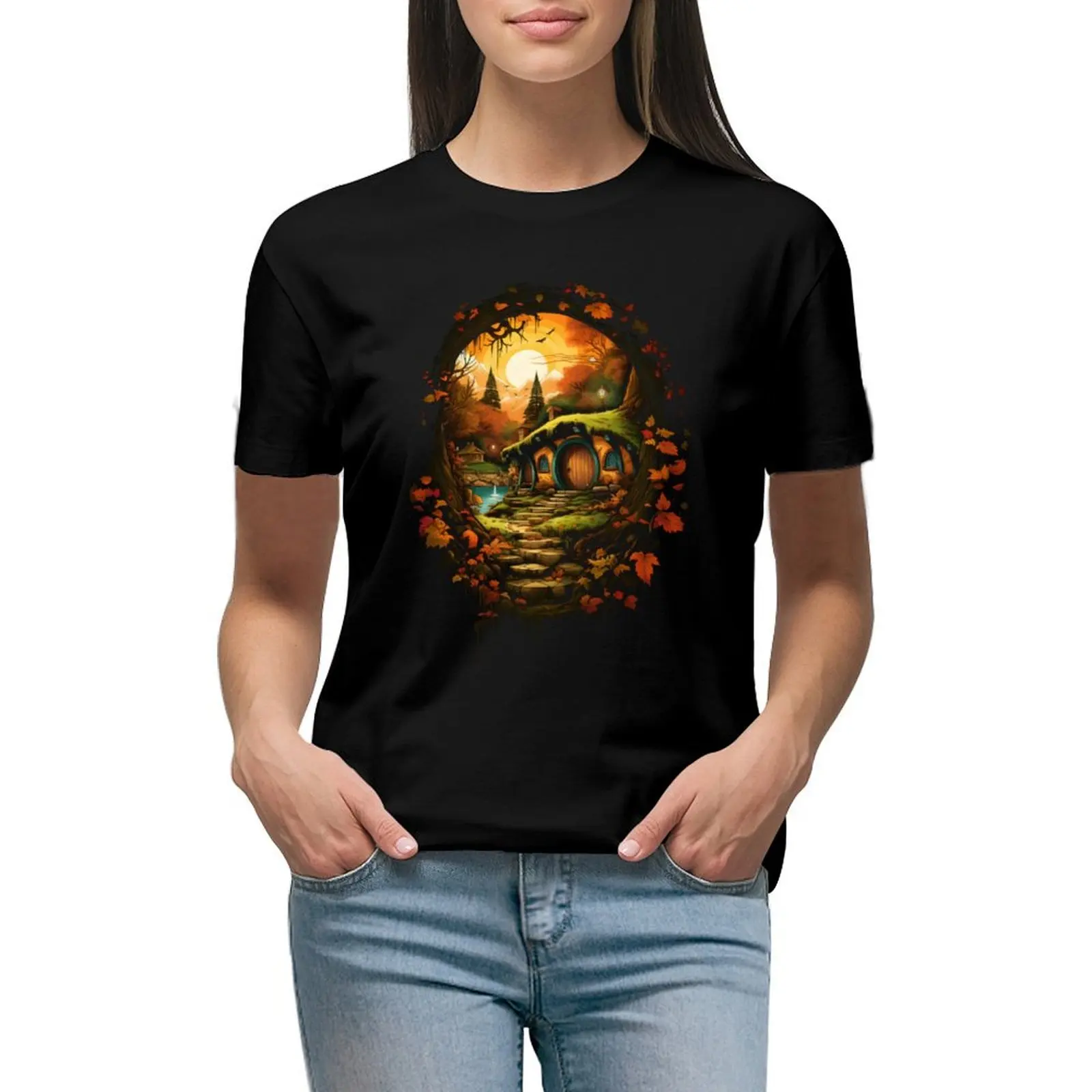 

A Halfling Hole in Autumn by Sunset - Fantasy T-shirt lady clothes Aesthetic clothing tees t-shirts for Women cotton