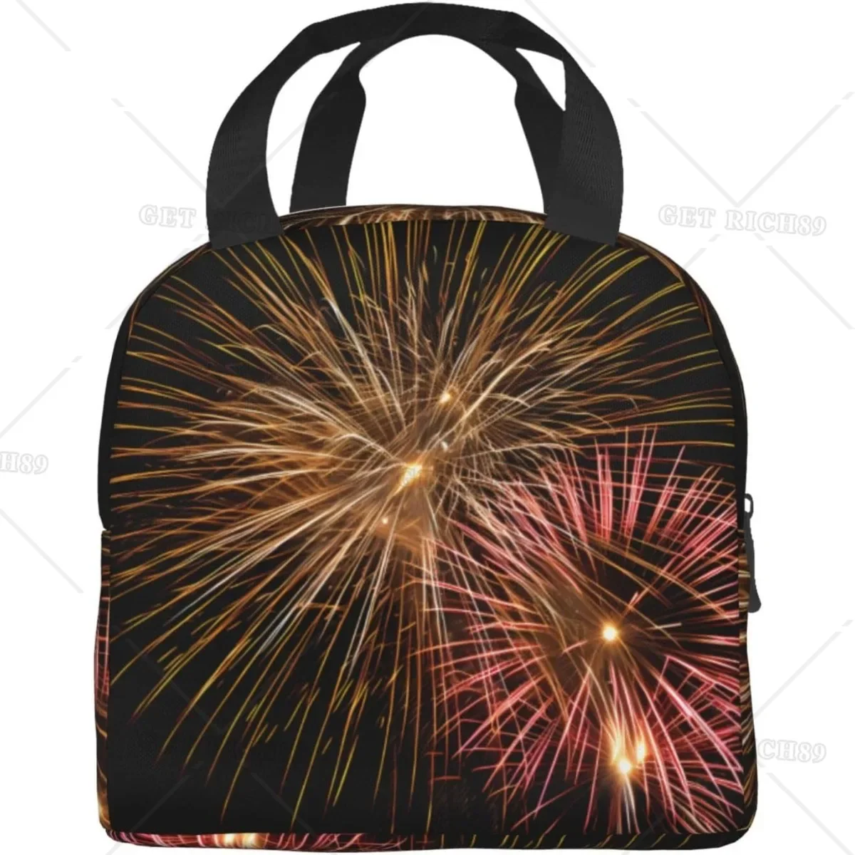 Black Fireworks Insulated Lunch Bag for Women Men - Chic & Practical, Black Flowers Lunch Box for Picnics, Outdoor Adventures