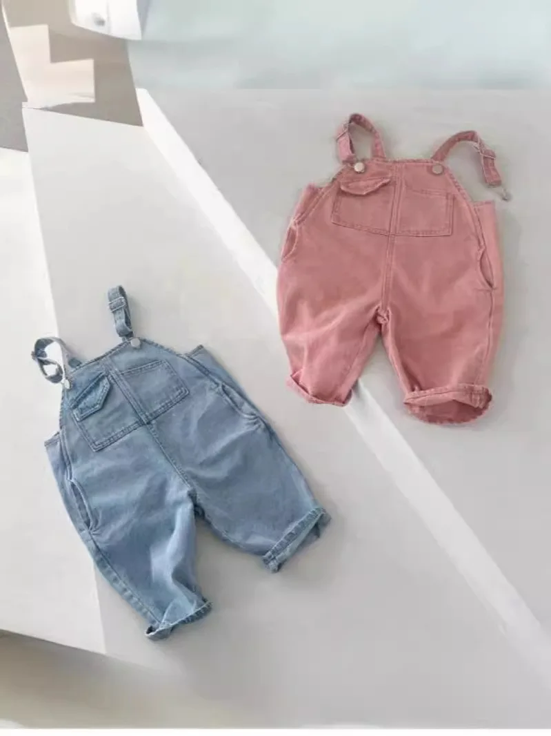 

2024 New Baby Loose Overalls Sleeveless Jumpsuit Solid Infant Girl Denim Strap Trousers Toddler Boy Versatile Casual Pants 0-24M