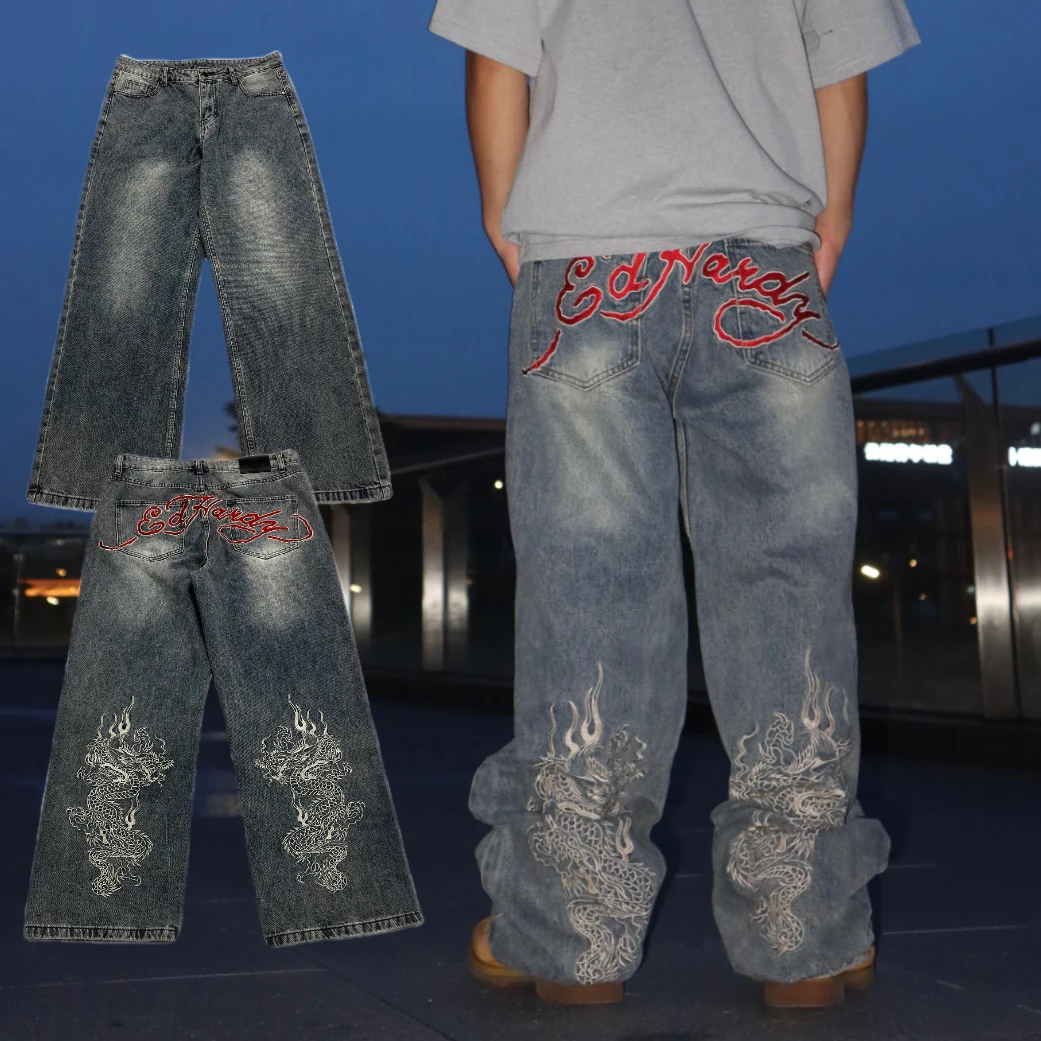

American Y2K Loose Heavyweight Dragon Embroidery Straight Leg Jeans Casual mid Waist Zipper Closure Four Seasons Denim Pants