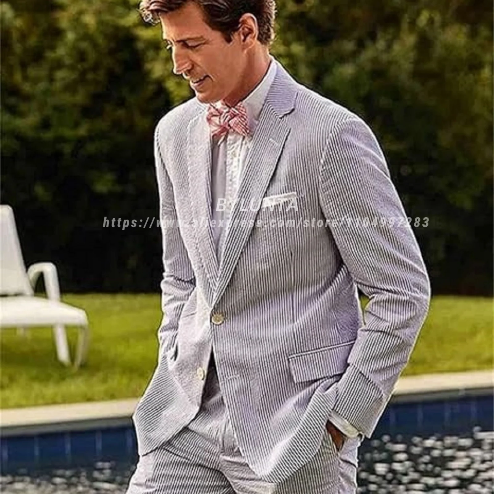 BYLUNTA Mens Suit 2 Piece Slim Fit Stripe Suits Tuxedo Blazer Jackets Pants Set Summer Beach Wedding Outfit for Mennt)