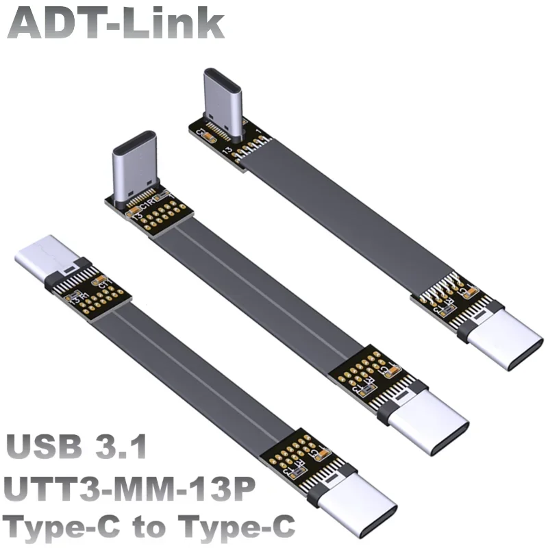 ADT FFC Ribbon FPV USB 3.1 Type-C To Type C Male Flat Extension Cable Up/Down 90 Angled USB-C Data Gen2 Full Speed USB 3.1 Cable