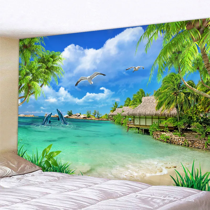 

Beautiful Sea Scenery Tapestry Indian Mandala Tapestry Wall Hanging Tapestries Boho Bedroom Wall Rug Couch Blanket 6 Size