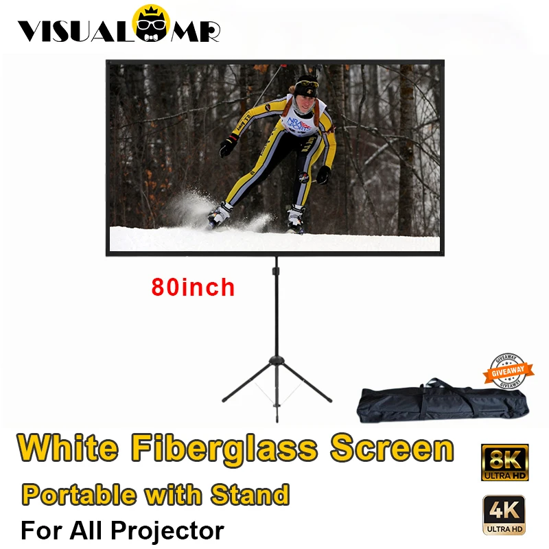 2024 Portable Projection Screen with Stand 80inch White Fiberglass Home Theater Outdoor Bracket Free Carry Bag for All Projector