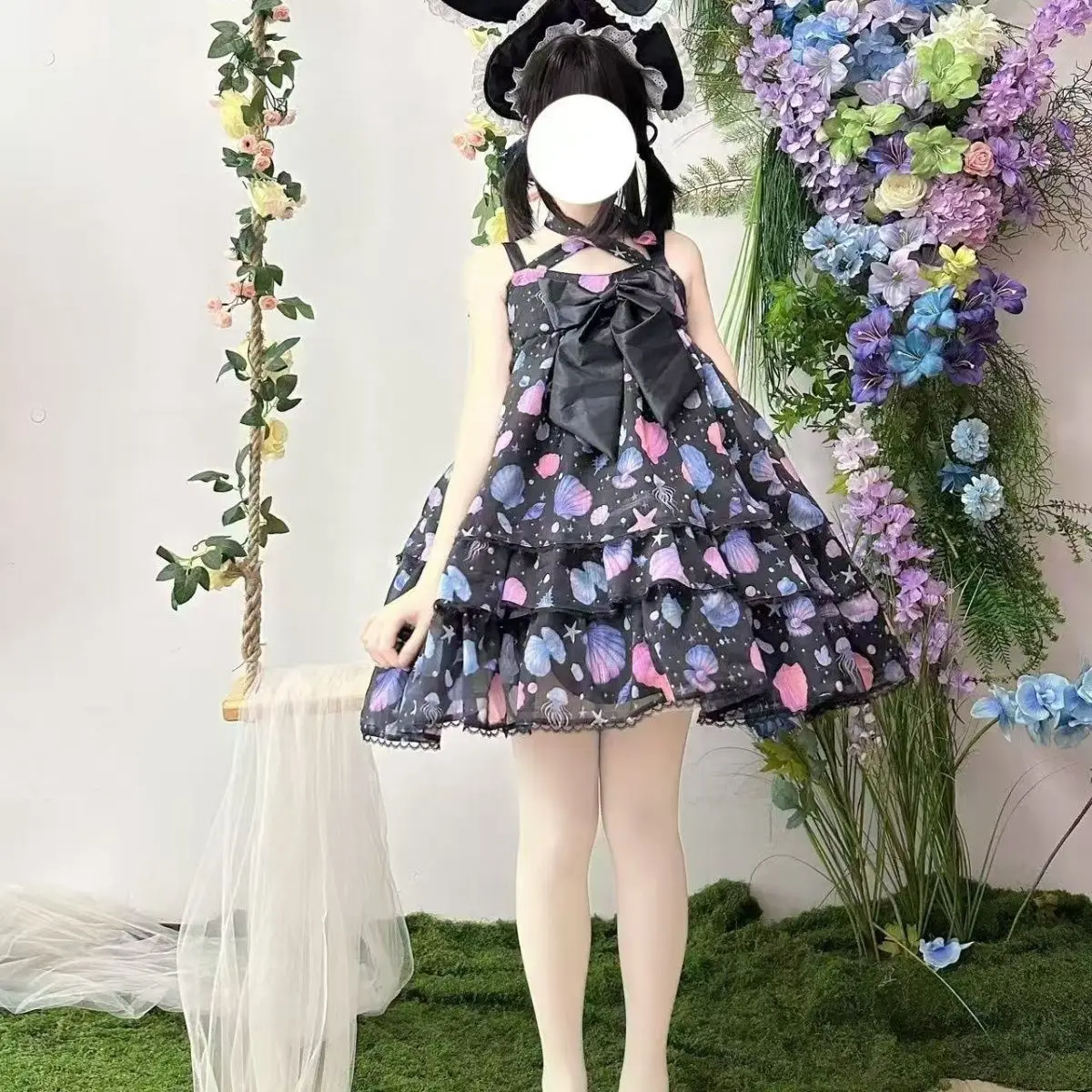 SOIOMES Concha subaquática rosa roxo três camadas bolo saia lolita cinta saia estudante jsk vestido