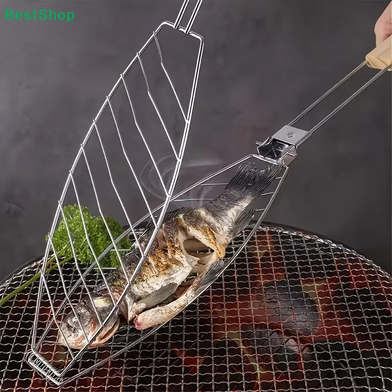 ✈Stainless Steel Fish Grilling Basket,Non-Stick BBQ Fish Holder with Wooden Handle for Outdoor Camping & Barbecue