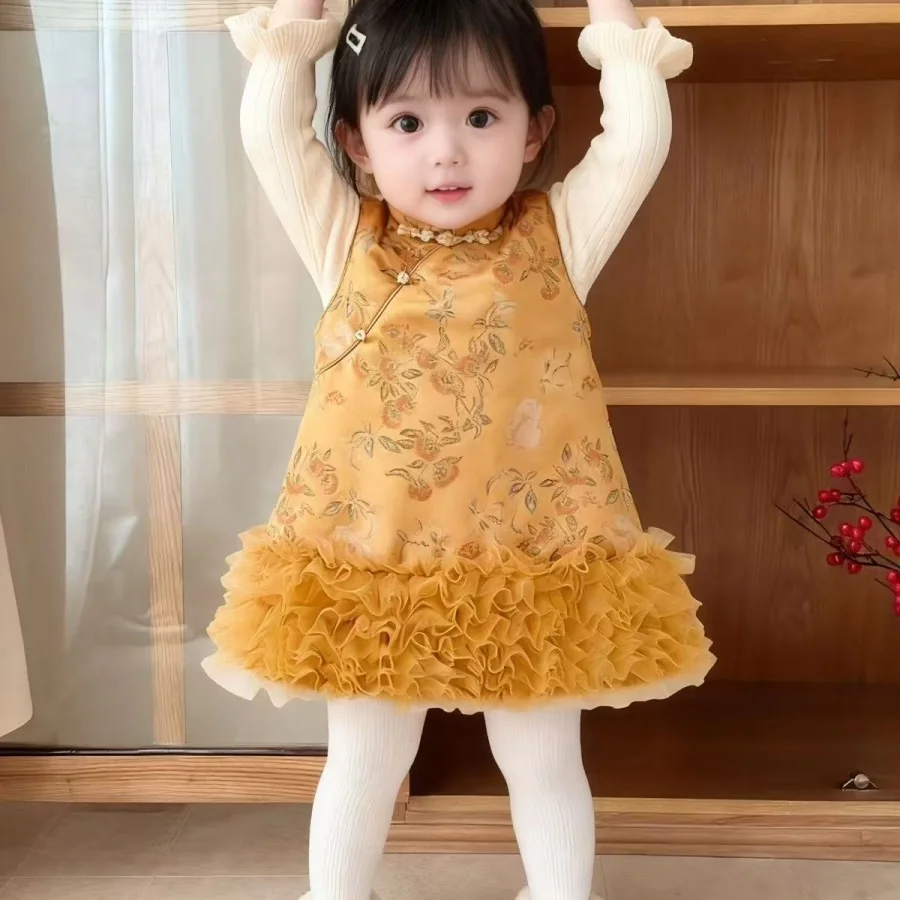 

Winter New Girls' Cheongsam With Velvet Tang Style Vest Dress Set New Chinese Style Dress Baby Girl's One Year Old Dress