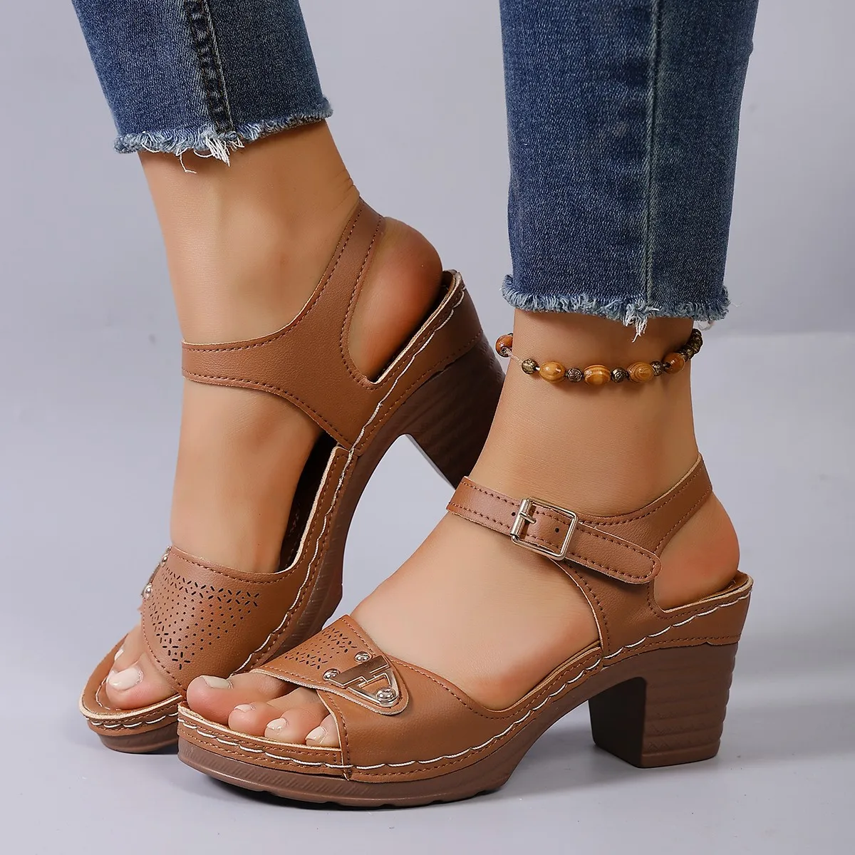 Women Chunky Heel Sandals Summer High Heels Shoes Women Buckle Strap Plus Size Shoes Women Solid Color One Line Fashion Sandals