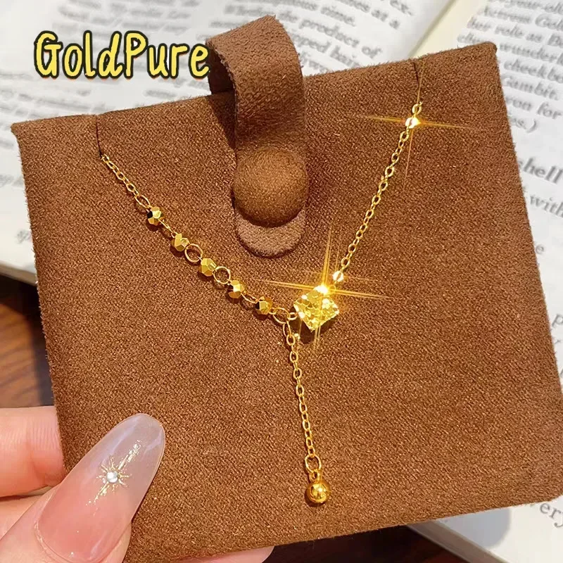 Goldpure 9999 24K Real Gold Four-sided Broken Ice Clay Tassel Necklace Broken Gold Words Dance Beads Clavicle Chain Women's Gift