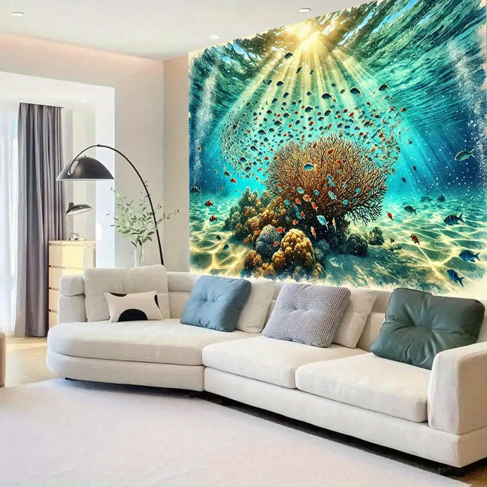 Ocean Life Tapestry - Underwater Coral Reef Wall Hanging, Tropical Fish Art, Sunlight Sea Scene, Multiple Sizes