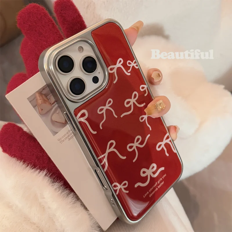 

Wine Red Retro Suitable for iPhone 16 Apple 15 pro max Phone Case 17 Red Bow 14 Drop Glue Huawei