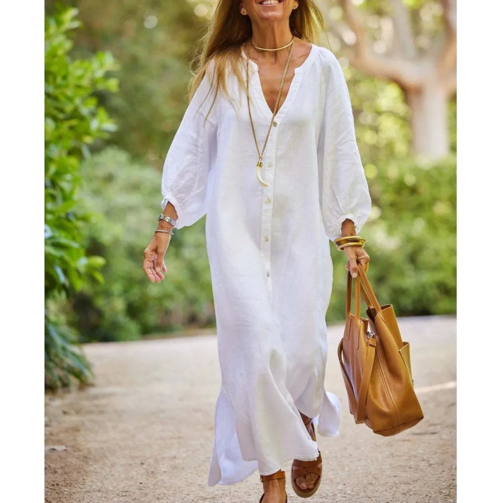 Elegant Women\'s Dress 2024 New Autumn And Winter Cotton And Linen Fashionable Casual V Neck Cardigan Maxi Shirt Dress Robe Femme