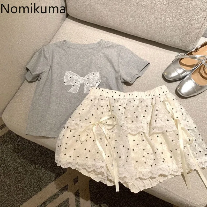 Cute 2 Piece Sets Korean Women Clothing O-neck Short Sleeve Bow Tshirts Lace Polka Dot Mini Skirt Outfits Chic Sweet Summer Suit