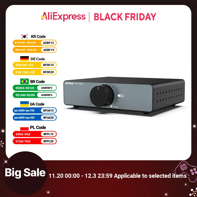 AIYIMA A07 MAX Amplifier Home Audio 300W X2 TPA3255 Class D Power Speaker Amp 2 Channel Bridgeable Mono 600 W Stereo Amplifier