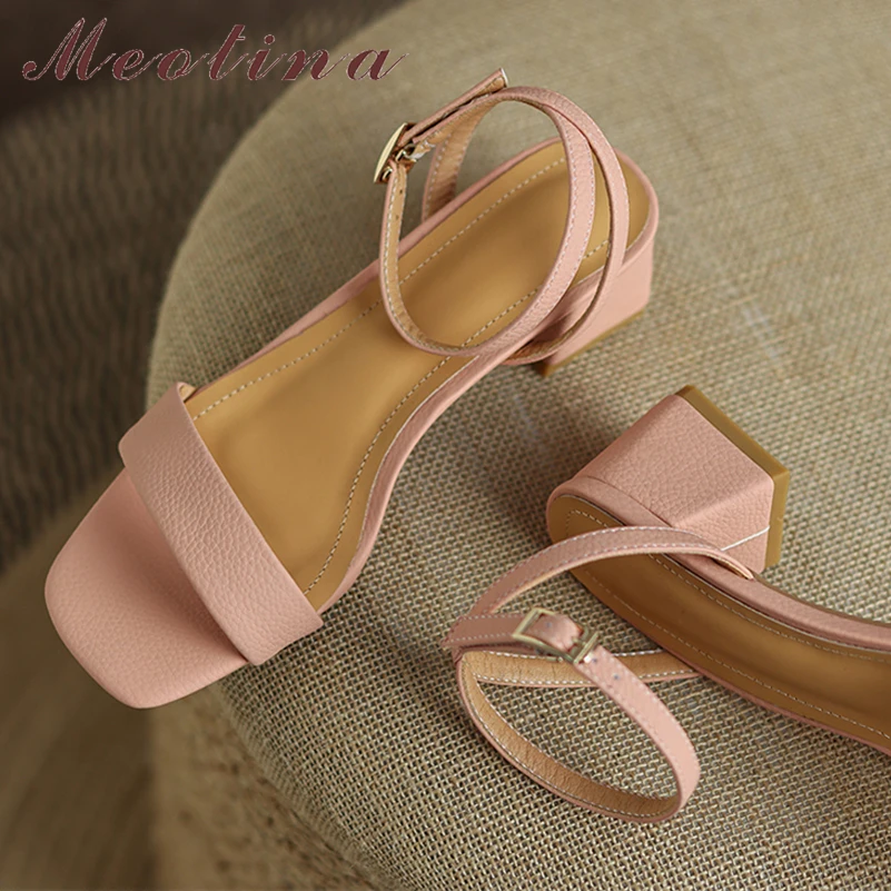 Meotina Women Genuine Leather Ankle Strap Sandals Square Toe Block Mid Heels Buckle Ladies Fashion Shoes Summer Yellow Pink 43