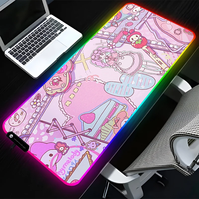 RGB LED Mouse Pad Rubber Anime Mousepad Computer Gaming Accessories Keyboard Pad Office Decoracion Desk M-my M-melody Mouse Mat