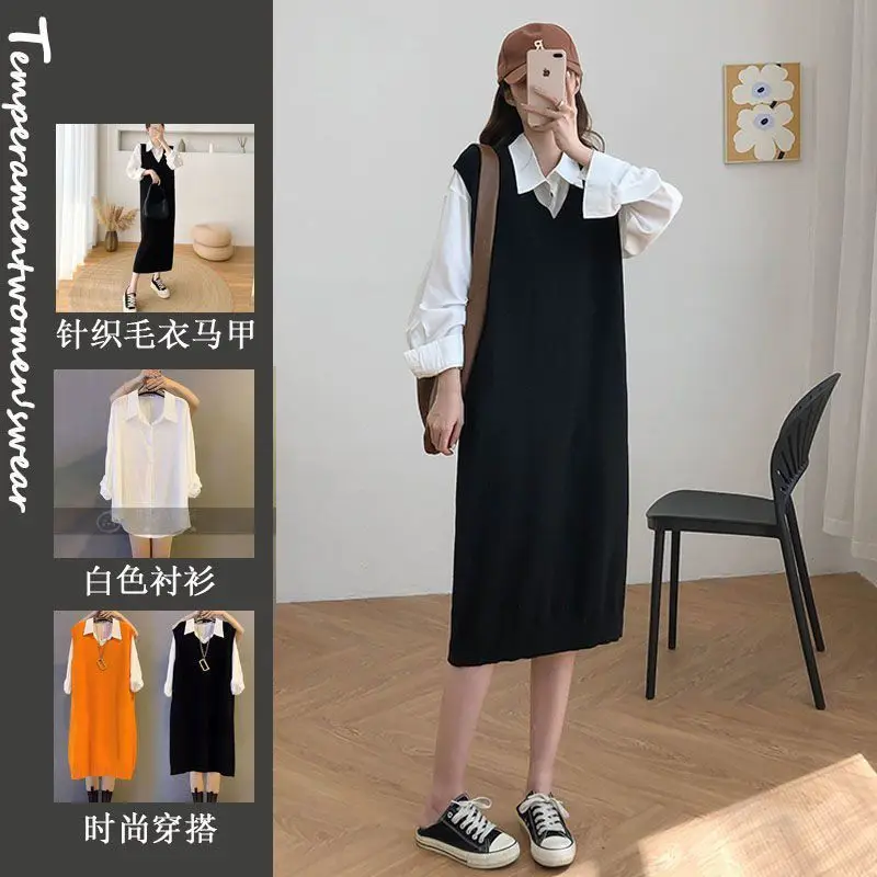 Women's Set 2023 Spring and Autumn Korean Edition Age Reducing Fashion Slim Knitting Long Tank Top Casual Shirt Two Piece Set