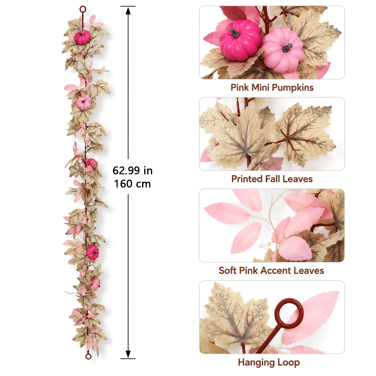 Pink Artificial Pumpkin Garland 160CM Fall Maple Leaf Vine Hanging Decoration Thanksgiving Halloween Home Wall Door Decor - view 2