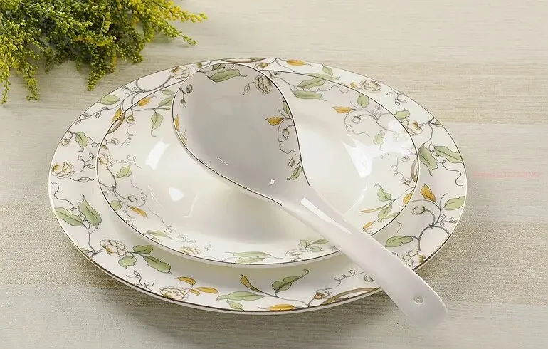 3pcs/lot, Real Bone China Dinner Plate and Spoon Set, Ceramic 8inch &10inch Plates, Buffet Dishes, Kitchen Serving